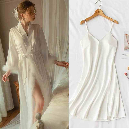 Vivian Poise Feather-Trim Satin Robe & Slip Set