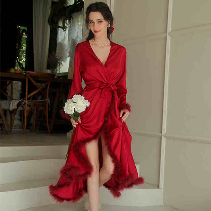 Vivian Poise Feather-Trim Satin Robe & Slip Set