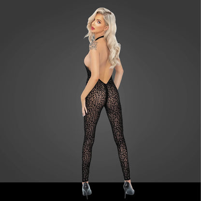 See Through Leopard Flock Halter Catsuit Noir Handmade
