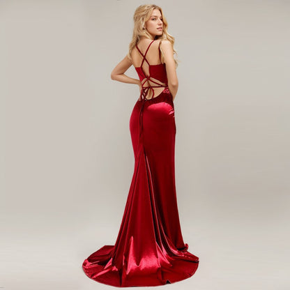 Thalia Ember Plunge Satin Mermaid Gown