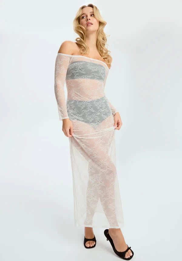 Sheer Lace Off-Shoulded Maxi Dress Blush Cascade White by Blush Lingerie