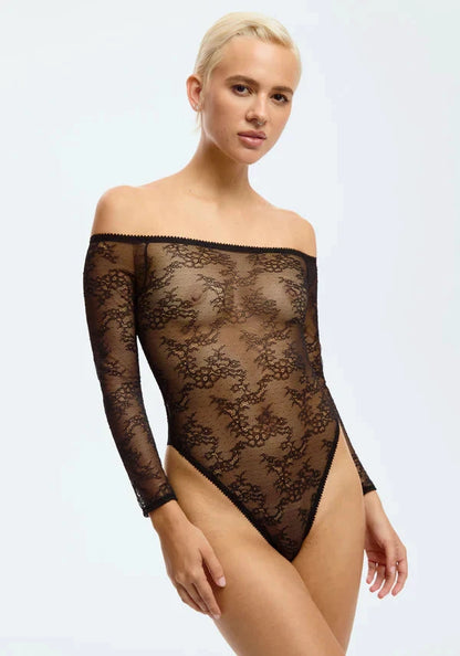 Sheer Lace Off-the-Shoulder Bodysuit Blush Cascade Black by Blush Lingerie