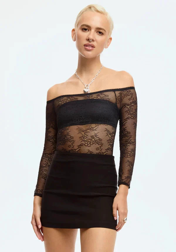 Sheer Lace Off-the-Shoulder Bodysuit Blush Cascade Black by Blush Lingerie