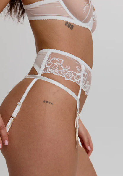 Sheer Mesh Embroidered Garter Belt Blush Enchant White