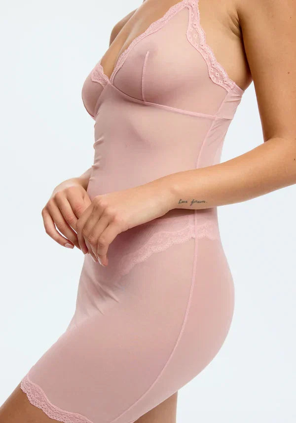 Blush Lotus Rosewater Sheer Mesh Lace Trim Slip Dress