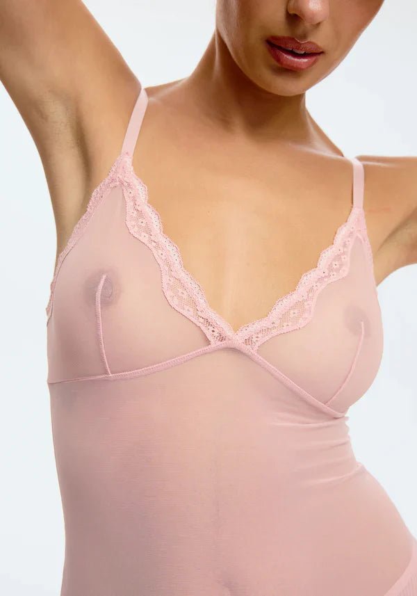 Sheer Mesh Lace Trim Slip Dress Blush Lotus Rosewater - Ansley Effect