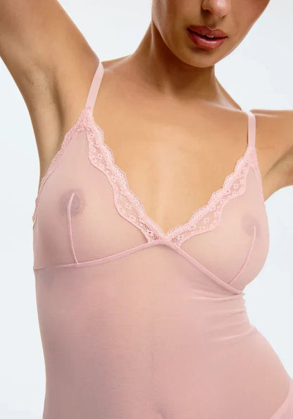 Blush Lotus Rosewater Sheer Mesh Lace Trim Slip Dress