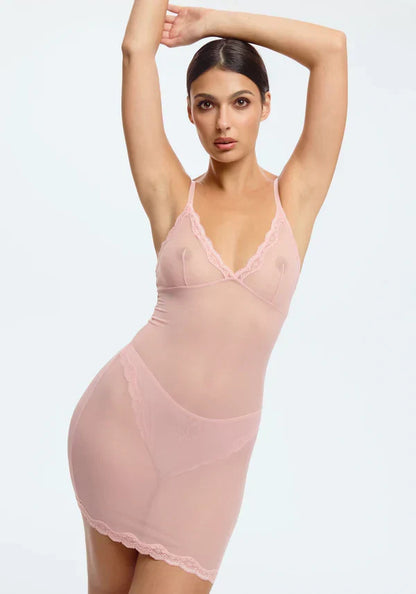 Blush Lotus Rosewater Sheer Mesh Lace Trim Slip Dress