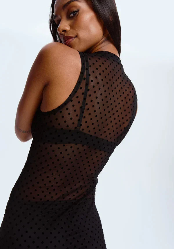 Blush Enigma Sheer Mesh Polka Dot Fitted Dress