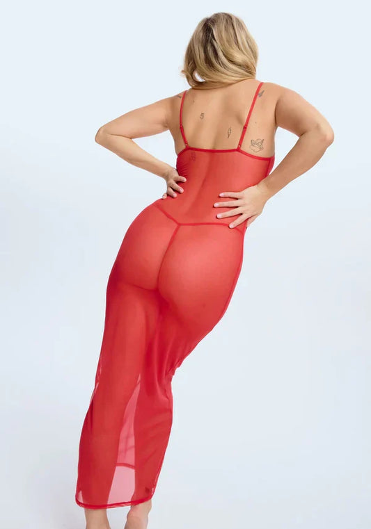 Blush The Mesh Red Sheer Mesh Stretch Maxi Dress
