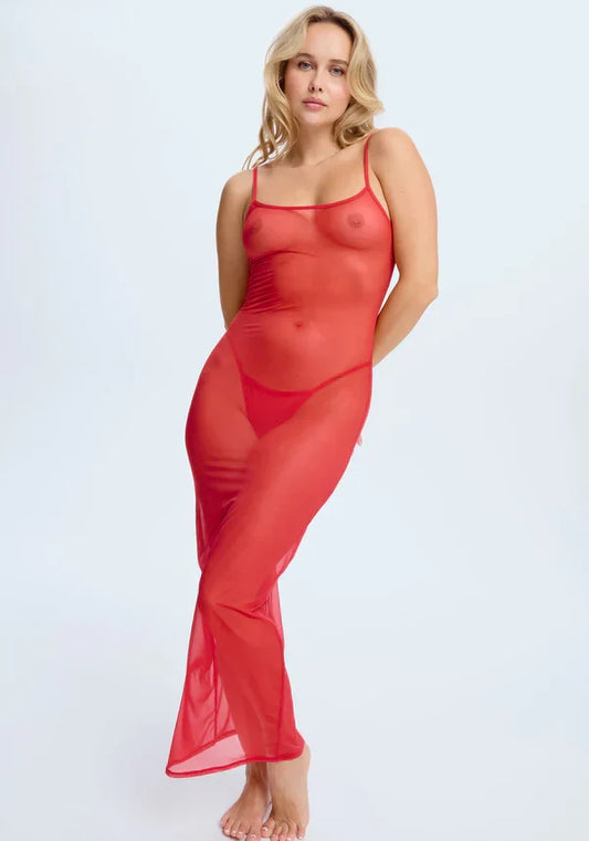 Blush The Mesh Red Sheer Mesh Stretch Maxi Dress
