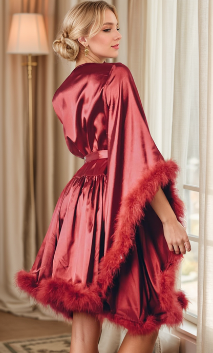 Mireya Plush Feather-Trim Short Satin Robe