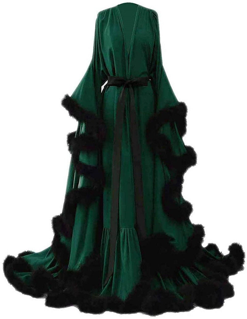 Valerine Stage Feather-Trim Satin Robe