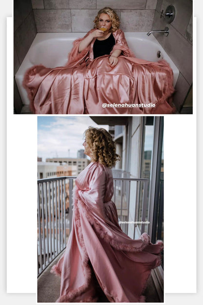 Valerine Stage Feather-Trim Satin Robe