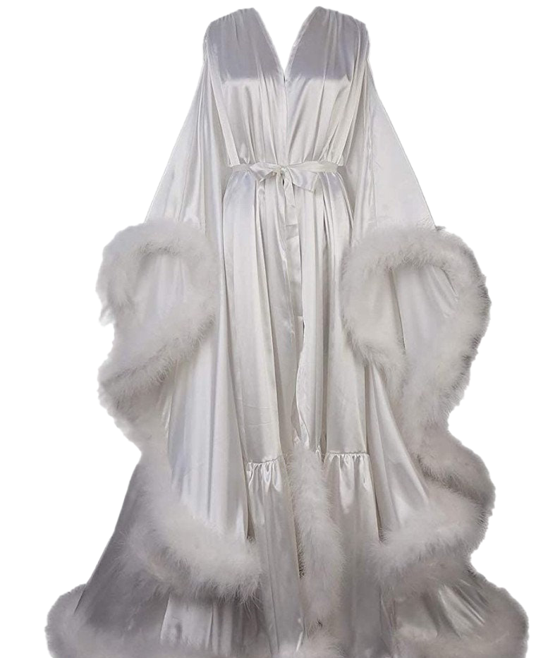 Valerine Stage Feather-Trim Satin Robe