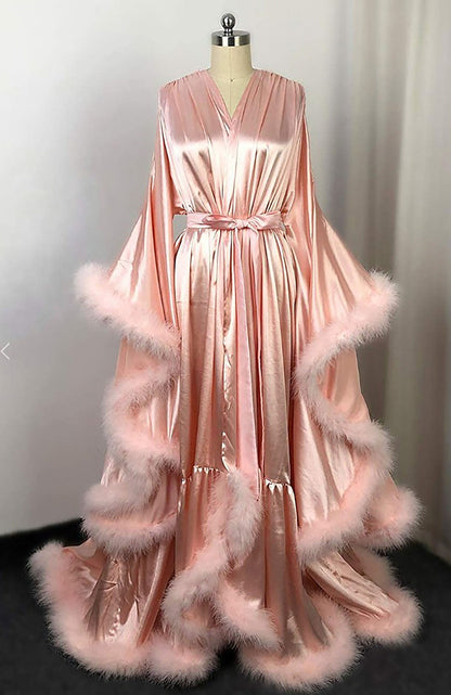 Valerine Stage Feather-Trim Satin Robe