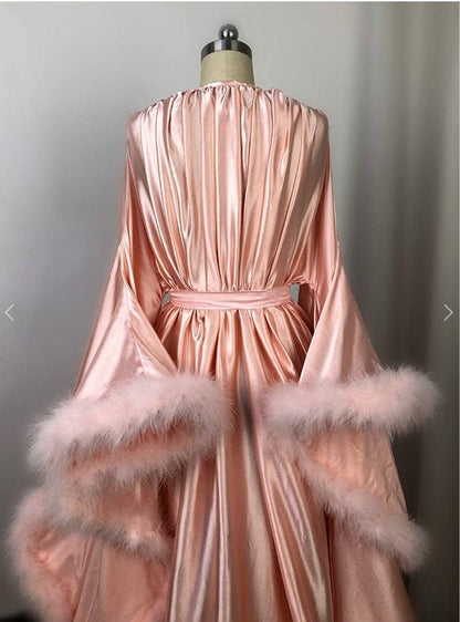 Valerine Stage Feather-Trim Satin Robe