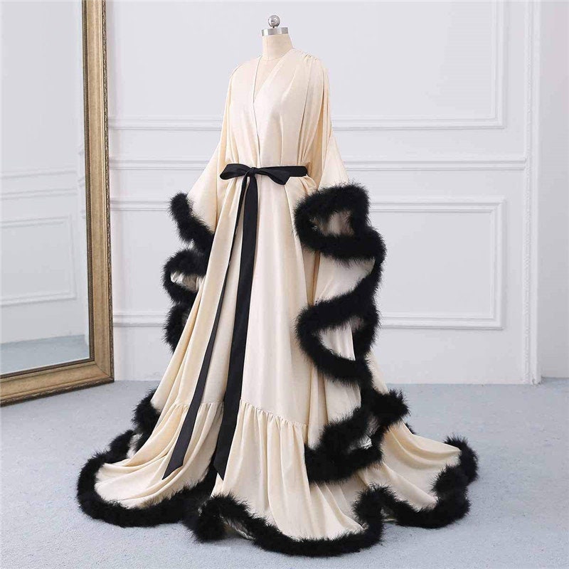 Valerine Stage Feather-Trim Satin Robe