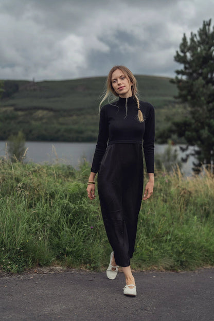 Knit Top Mock Neck Dress-Black by TARI