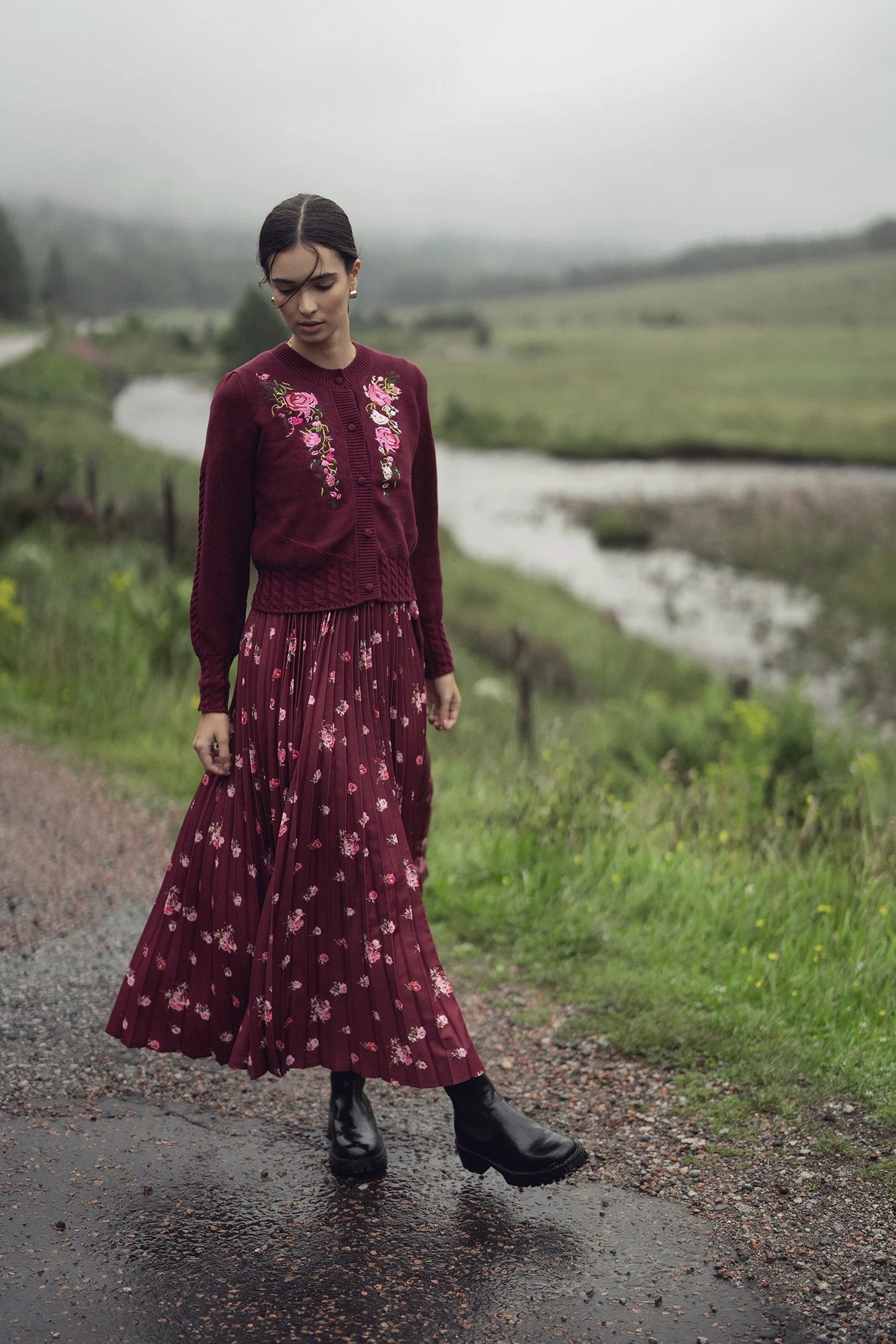 Embroidered Cardigan-Burgundy Floral by SPACE