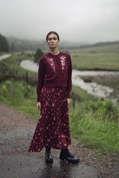 Embroidered Cardigan-Burgundy Floral by SPACE
