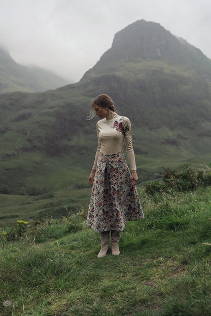 Brocade Midi Skirt-Cream Floral by SOLEI