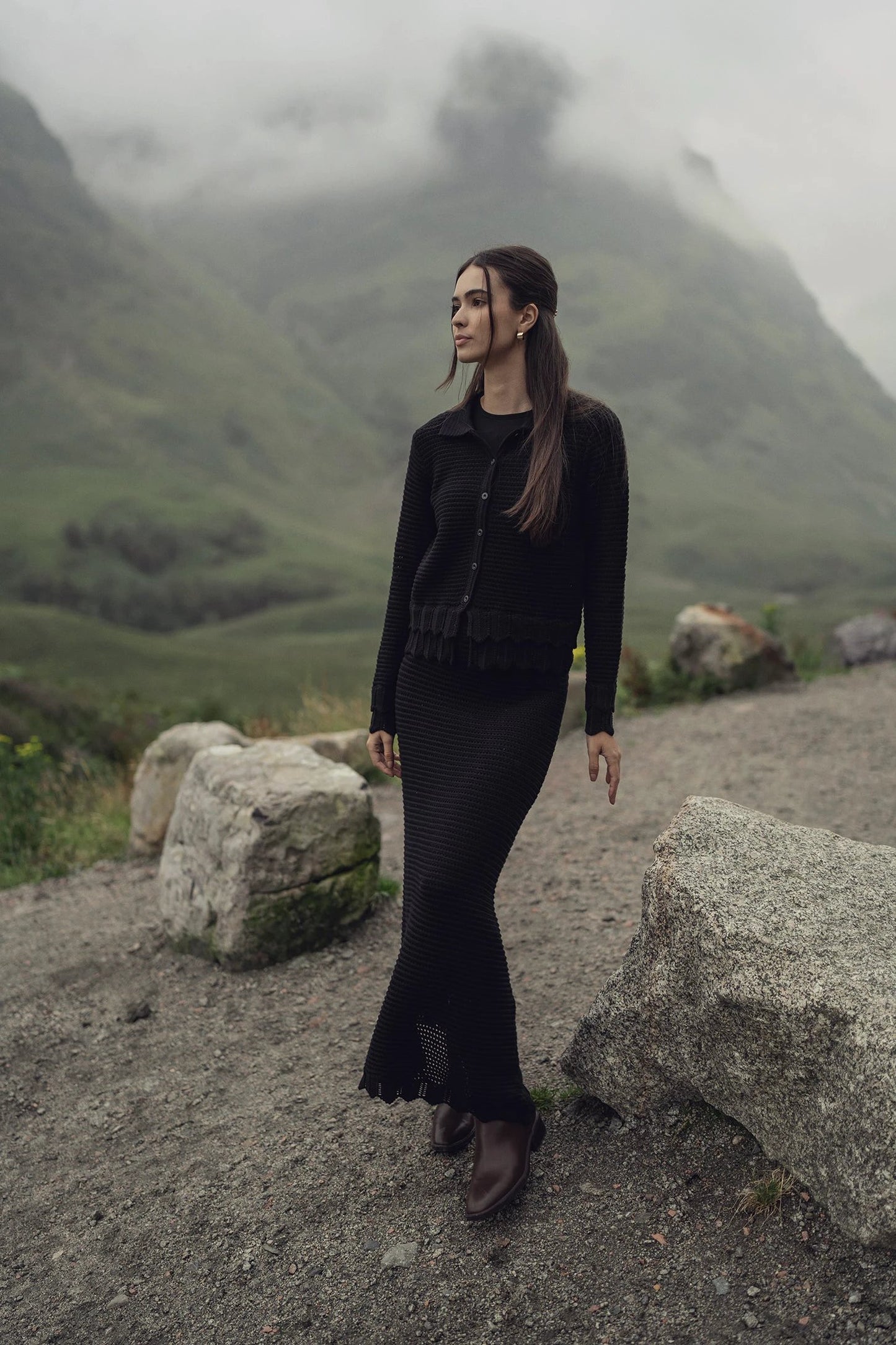 Crochet Ruffle Cardigan-Black by MEENA