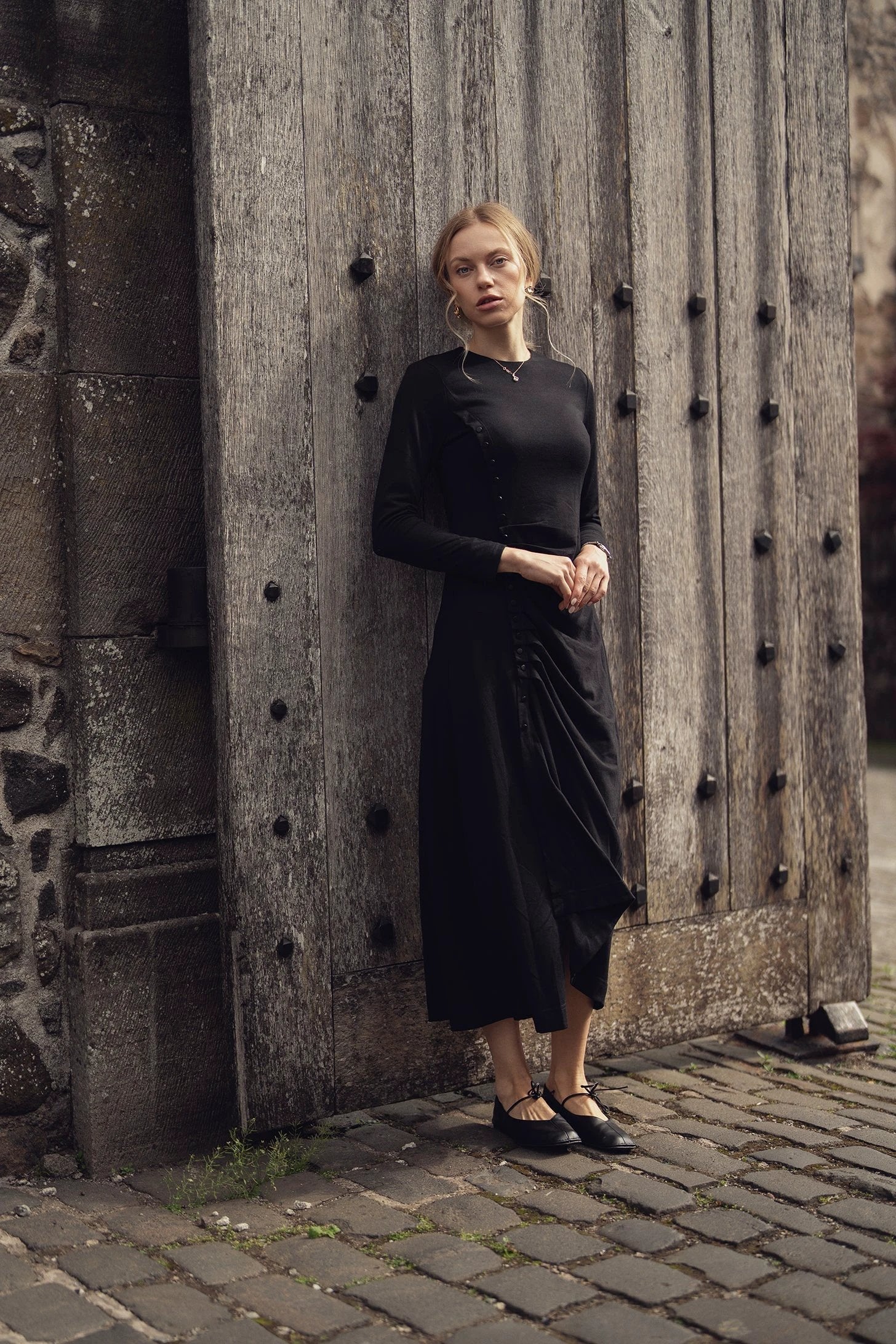 Side Shirred Button Down Knit-Black by TARI