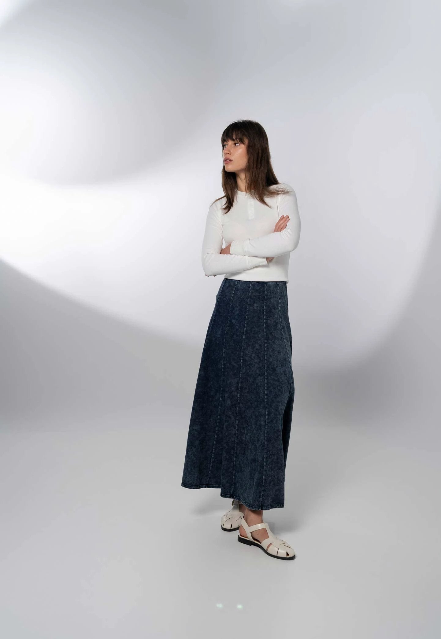 Paneled Flare Skirt 37"-Blue Wash by MELI