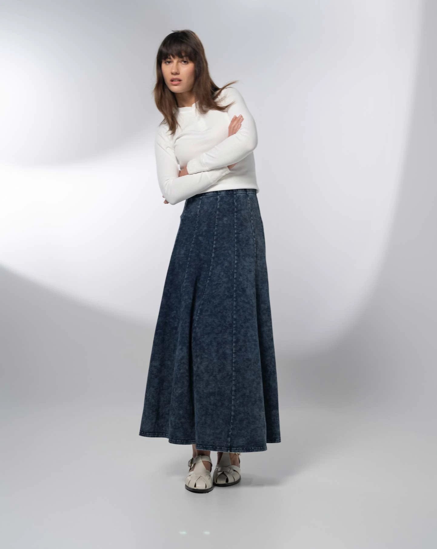 Paneled Flare Skirt 37"-Blue Wash by MELI