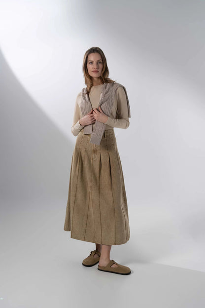 Stitched Pleated Skirt-Tan by Blue Meli