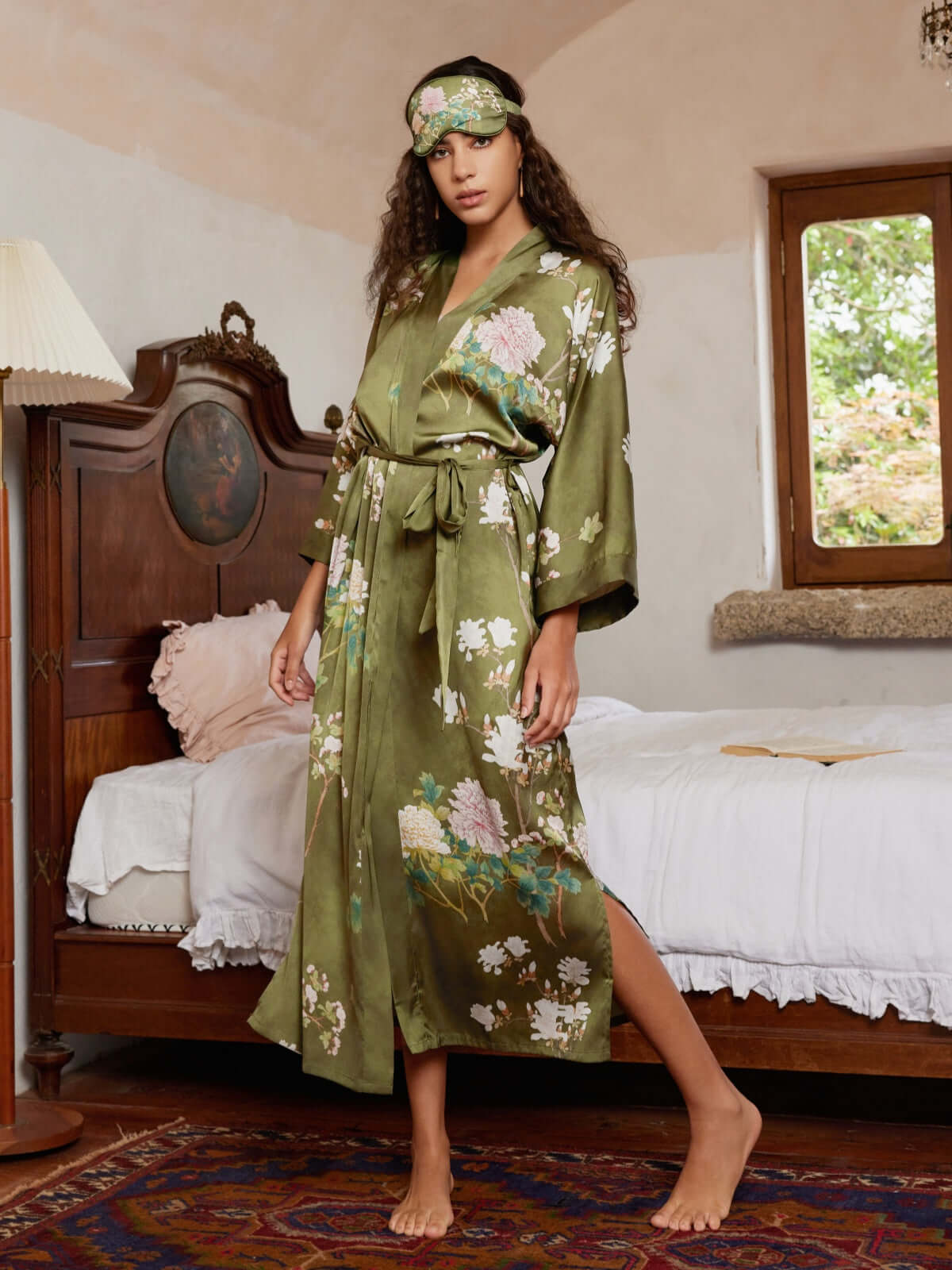 Olive Charmeuse Floral Asian Inspired Sleep Mask