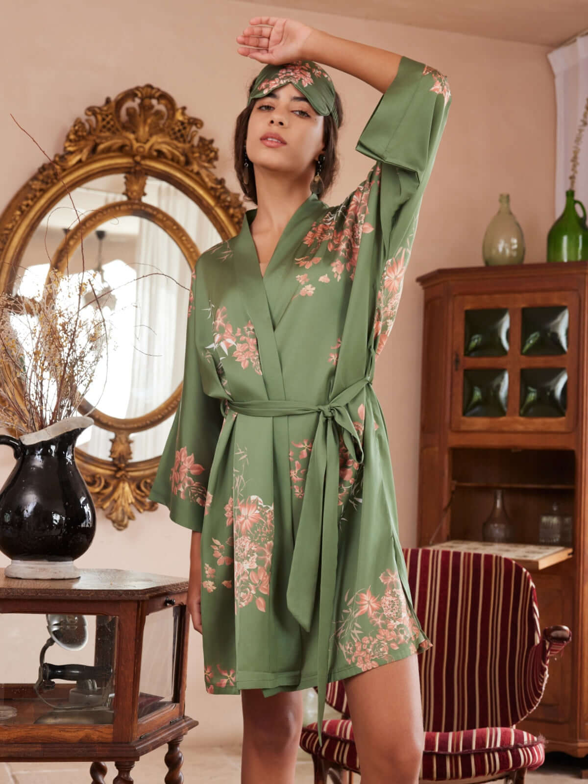 Green Charmeuse Floral Asian Inspired Sleep Mask