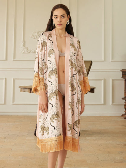 Pink Leopard Tassel Kimono Robe