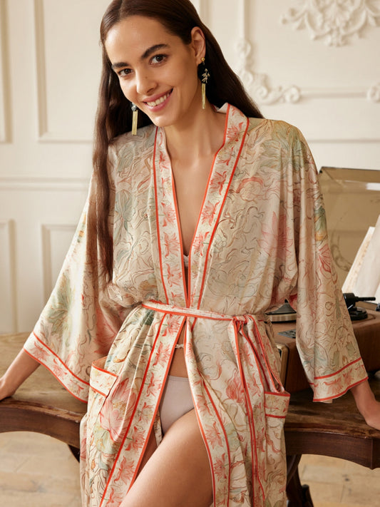Dunhuang Celestial Herb Long Kimono Robe with Pocket