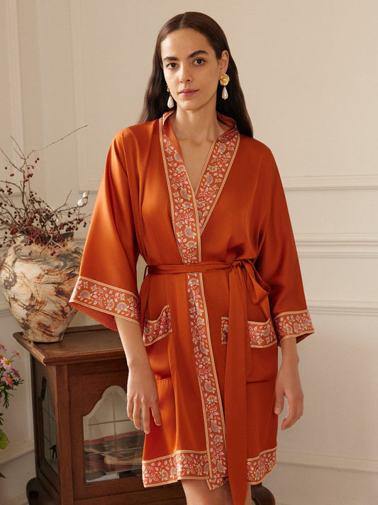 Luxuriously Orange Embellished Flower Short Robe with Pockets