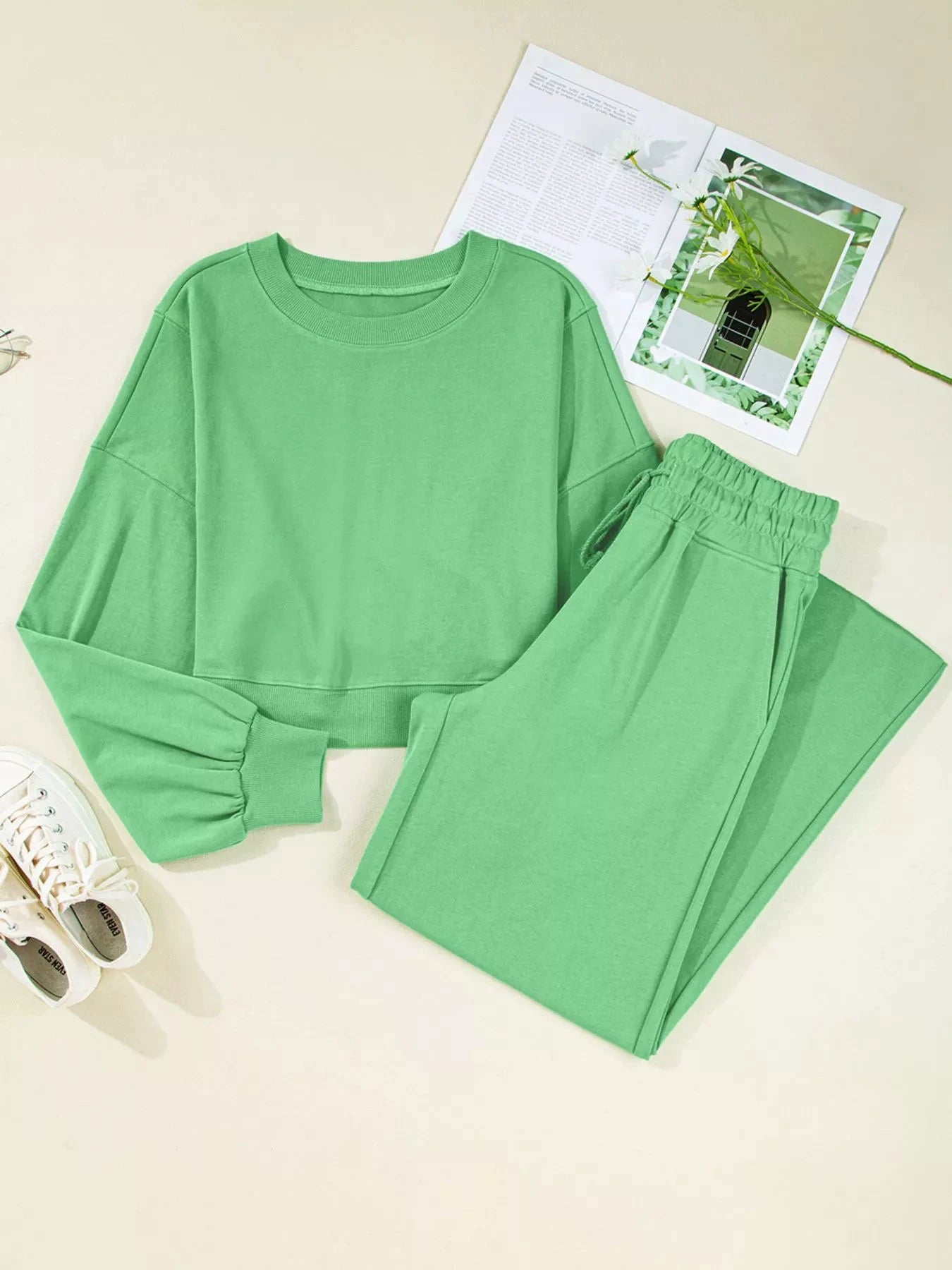 Drop Shoulder Puff Sleeve Crop Top and Drawstring Wide Leg Pants Set by Trendsi