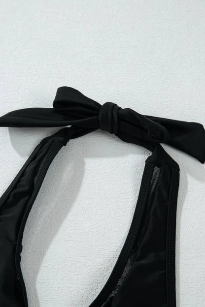 Sheer Mesh Edged Halter V Neck Push Up Bikini Set by Trendsi