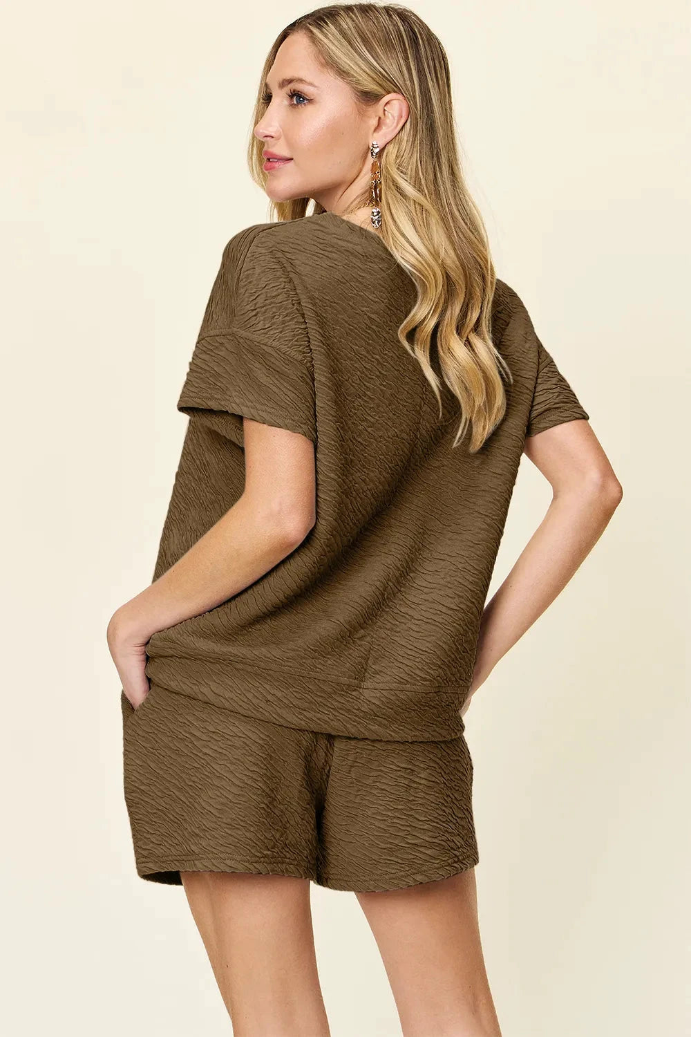 Double Take Full Size Texture Short Sleeve T-Shirt and Drawstring Shorts Set by Trendsi