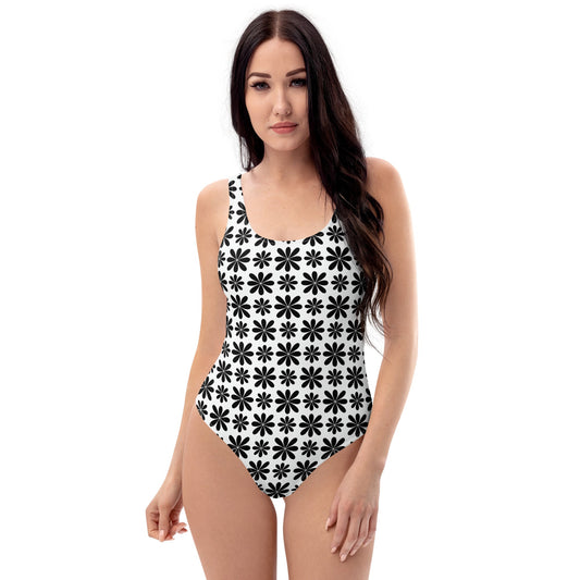 Black Flower Print One-Piece Swimsuit