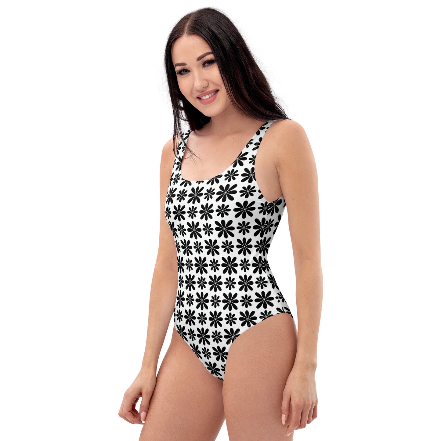 Black Flower Print One-Piece Swimsuit