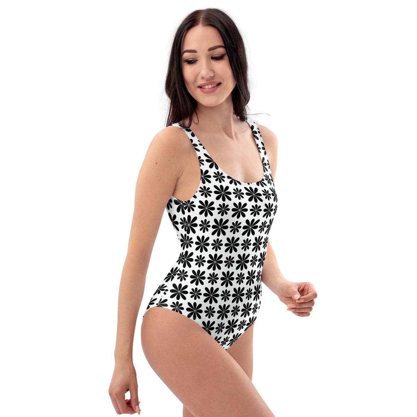 Black Flower Print One-Piece Swimsuit