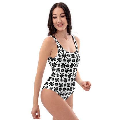 Black Flower Print One-Piece Swimsuit