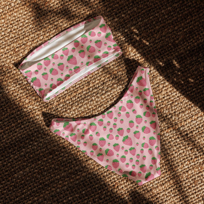 Pink Strawberry Print Recycled Bandeau Bikini Set