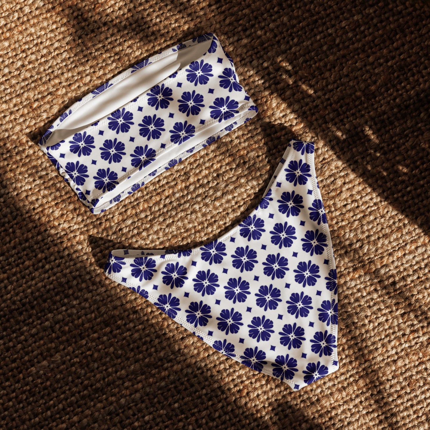 Navy Blue Floral Print Recycled Bandeau Bikini Set