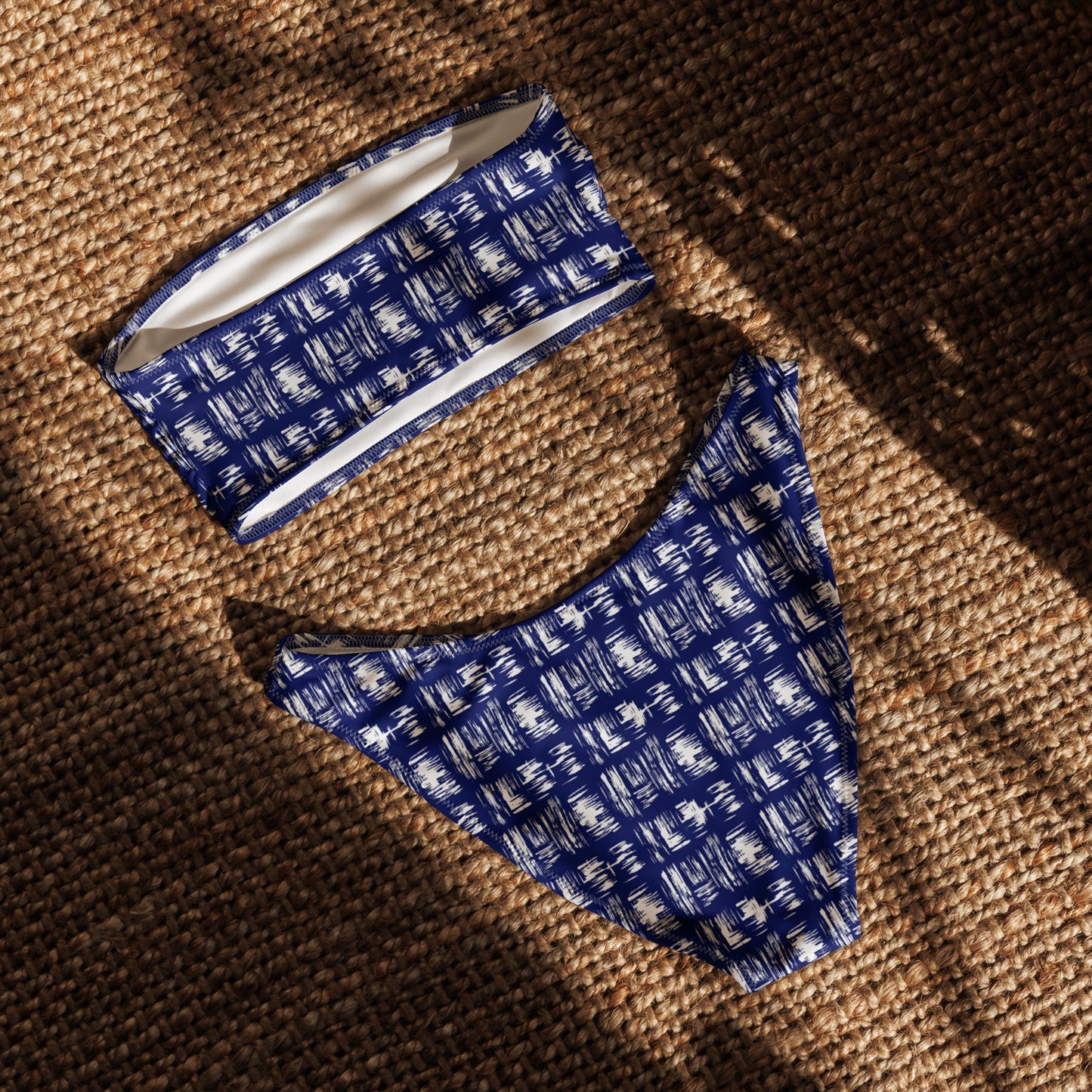 Navy White Brushes Print Recycled Bandeau Bikini Set