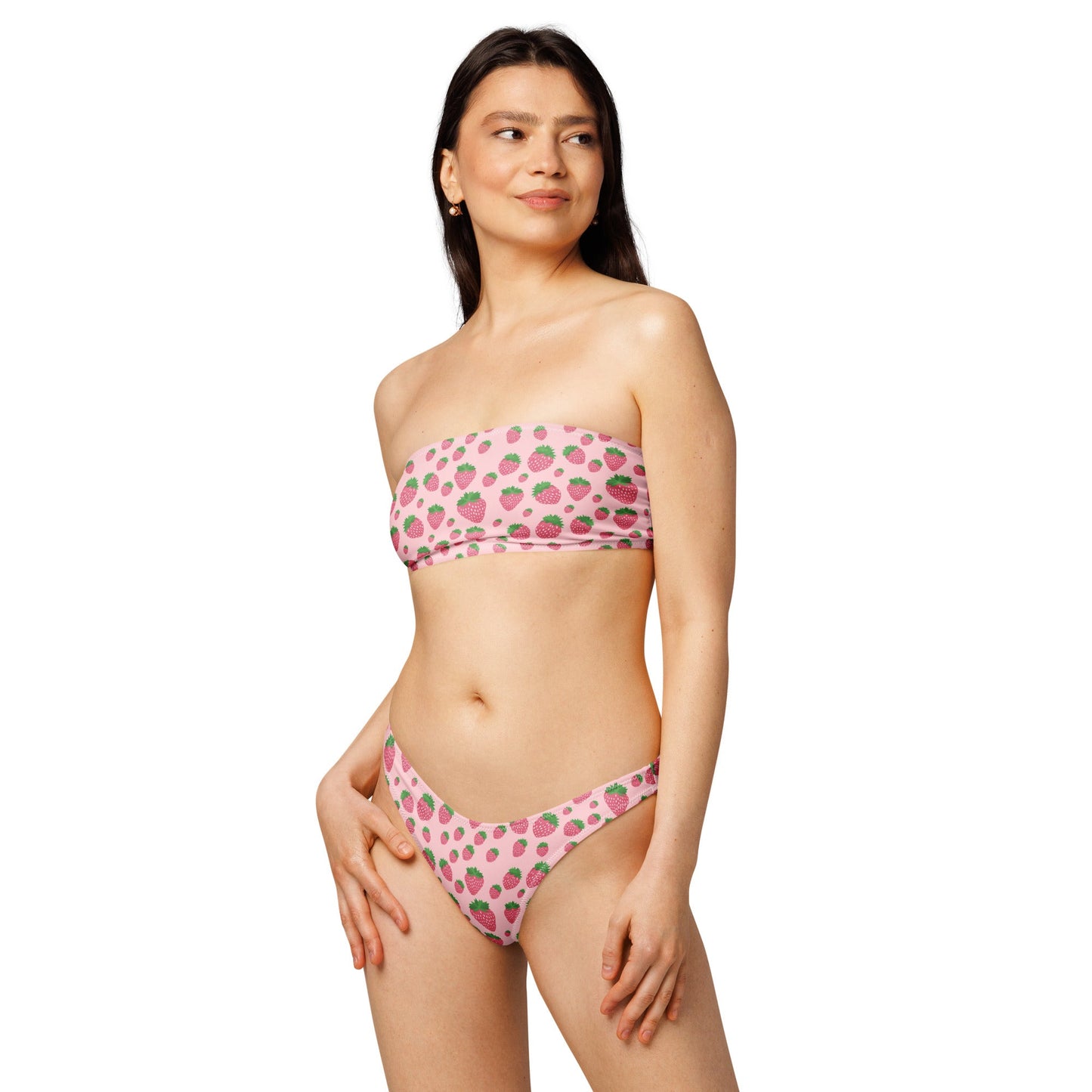 Pink Strawberry Print Recycled Bandeau Bikini Set