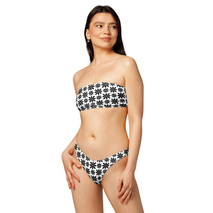 Black Flower Print Recycled Bandeau Bikini Set