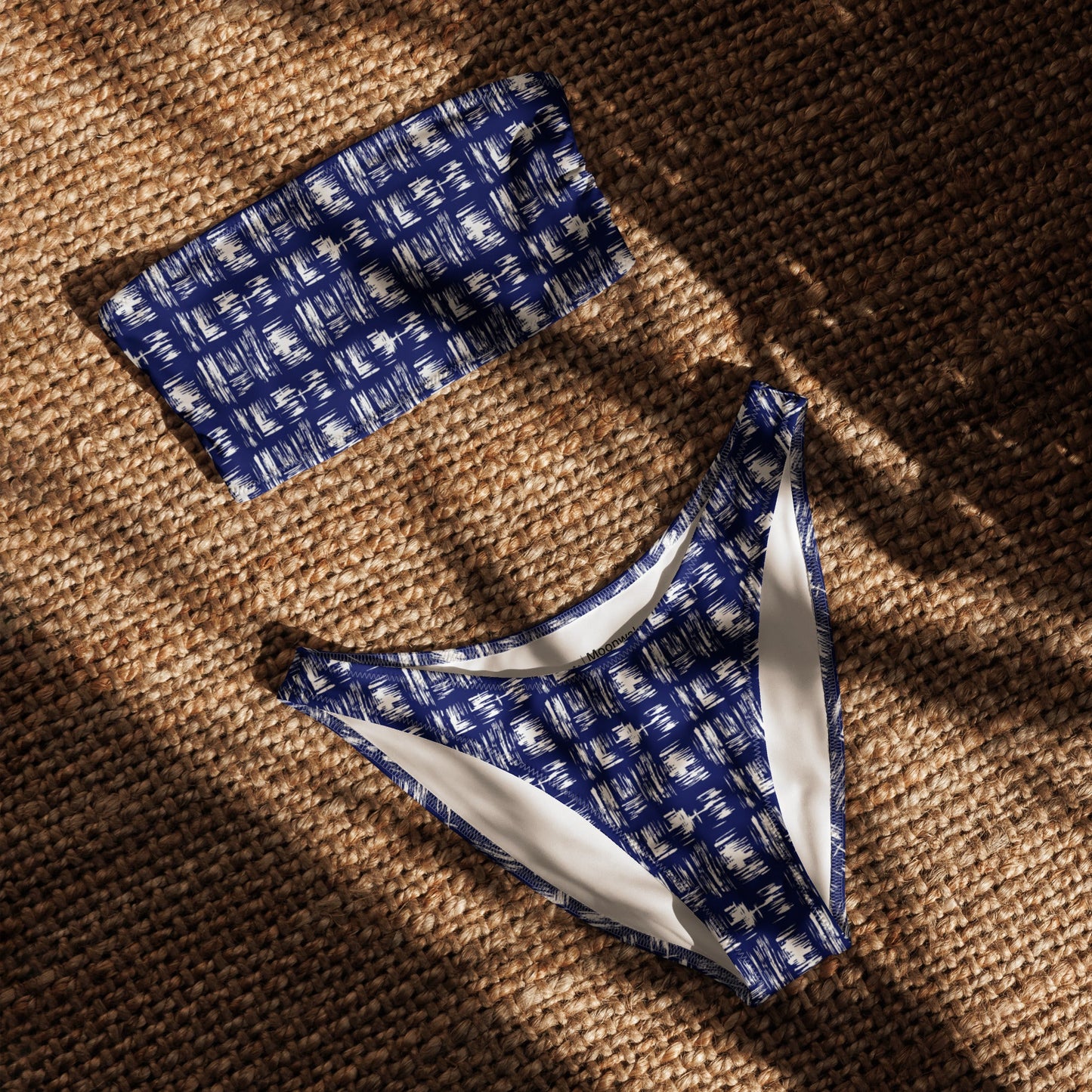 Navy White Brushes Print Recycled Bandeau Bikini Set