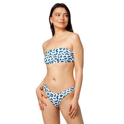 Abstract Blue Arcs Print Recycled Bandeau Bikini Set